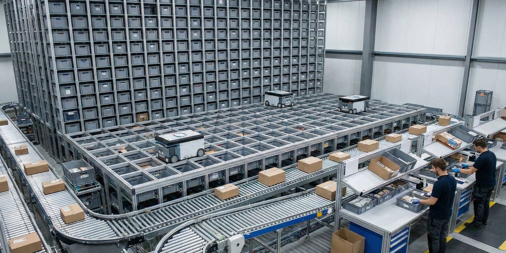 Interior view of a highly automated micro-fulfillment center. Small robots move on a grid above a dense storage system of gray containers. A conveyor belt system transports cartons to two employees who pick orders at ergonomic packing stations. This illustrates efficient intralogistics processes for the last mile in an urban warehouse.